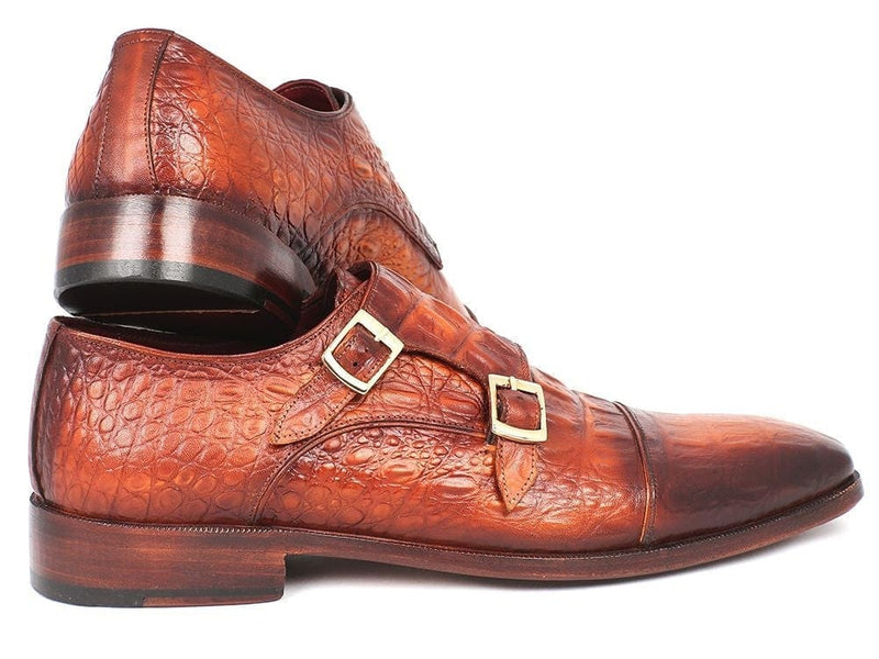 PAUL PARKMAN Paul Parkman Men's Double Monkstrap Brown Crocodile Embossed Calfskin (ID#PP2280)