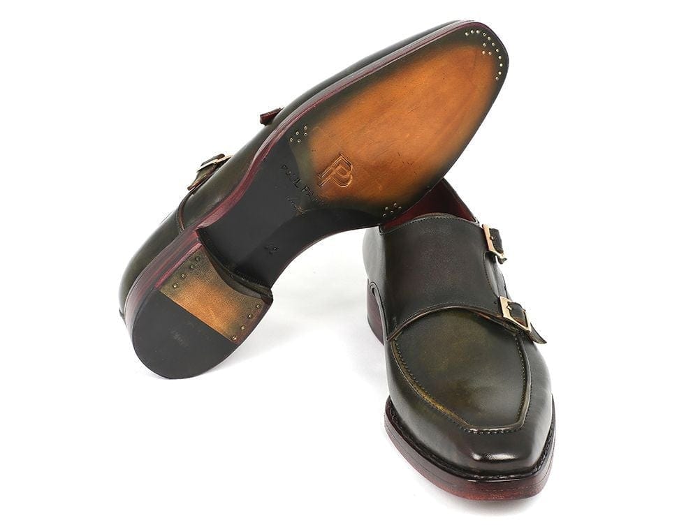 PAUL PARKMAN Paul Parkman Men's Double Monkstrap Goodyear Welted Shoes Green (ID#061-GREEN)