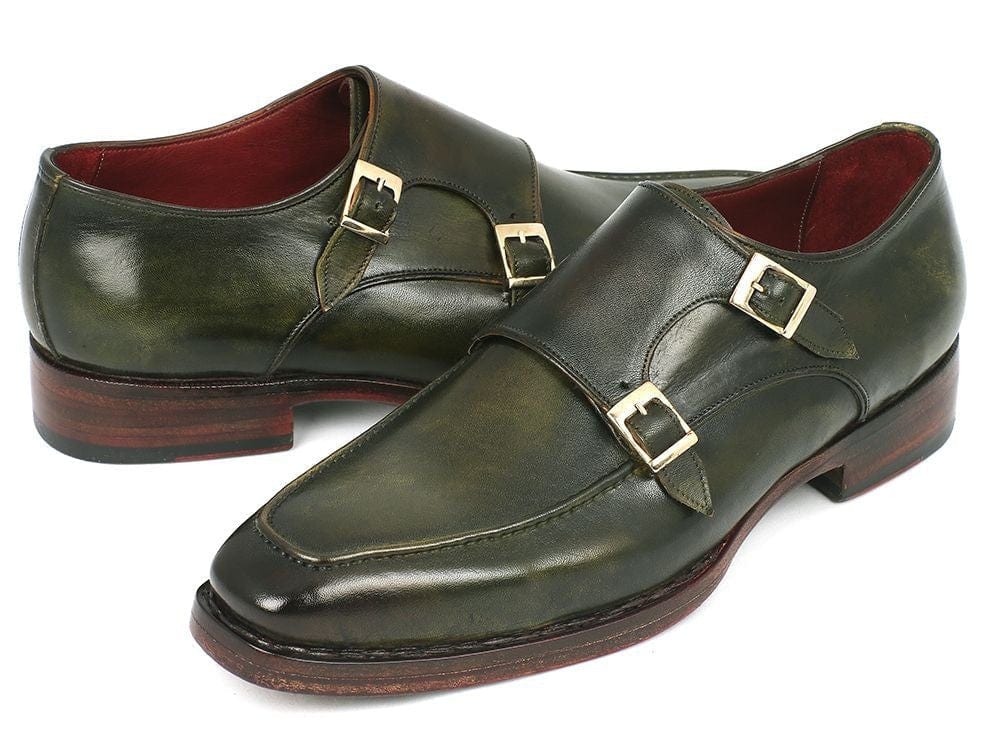 PAUL PARKMAN Paul Parkman Men's Double Monkstrap Goodyear Welted Shoes Green (ID#061-GREEN)