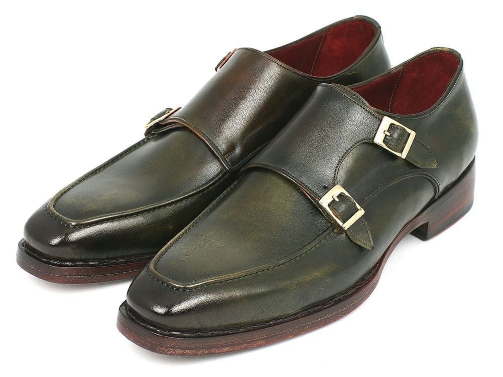 PAUL PARKMAN Paul Parkman Men's Double Monkstrap Goodyear Welted Shoes Green (ID#061-GREEN)