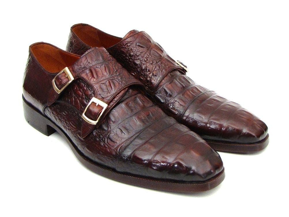 PAUL PARKMAN Paul Parkman Men's Double Monkstraps Brown & Bordeaux Crocodile Embossed Calfskin (ID#045FG12)