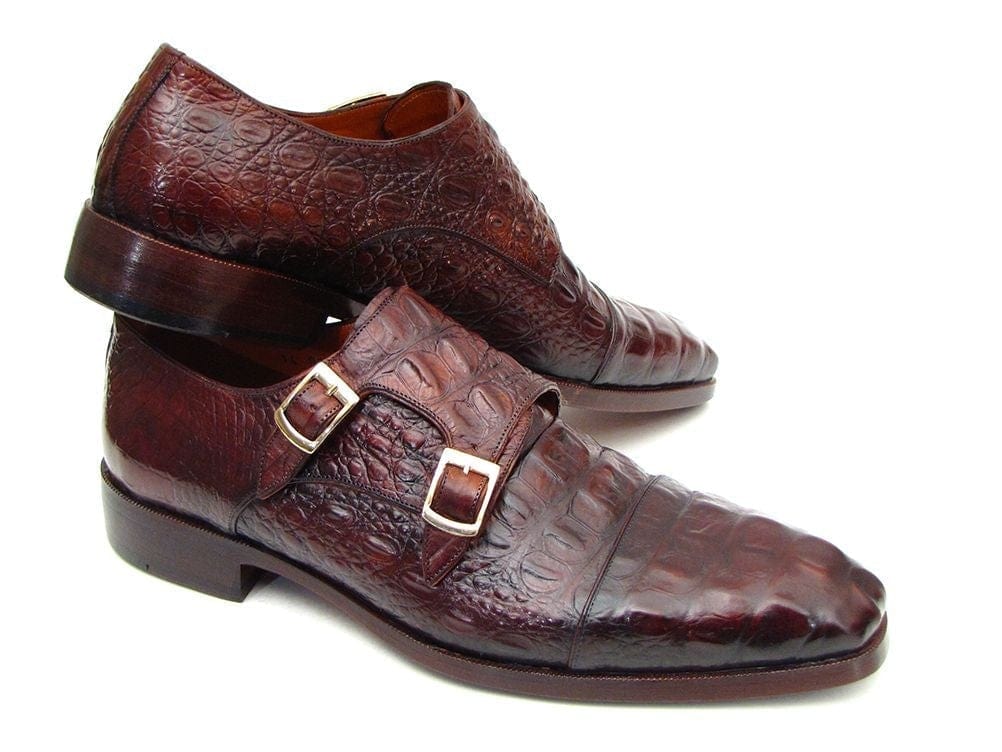 PAUL PARKMAN Paul Parkman Men's Double Monkstraps Brown & Bordeaux Crocodile Embossed Calfskin (ID#045FG12)