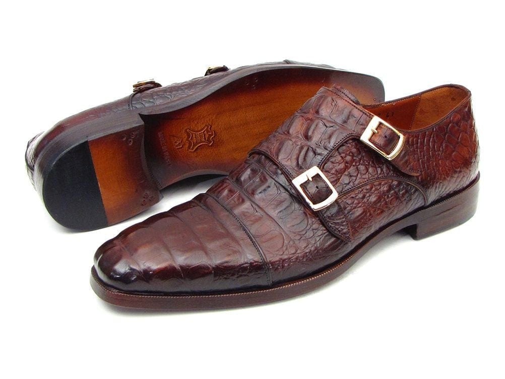 PAUL PARKMAN Paul Parkman Men's Double Monkstraps Brown & Bordeaux Crocodile Embossed Calfskin (ID#045FG12)
