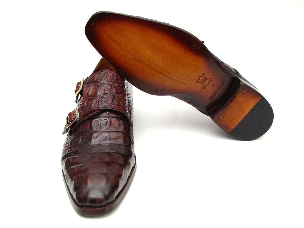 PAUL PARKMAN Paul Parkman Men's Double Monkstraps Brown & Bordeaux Crocodile Embossed Calfskin (ID#045FG12)