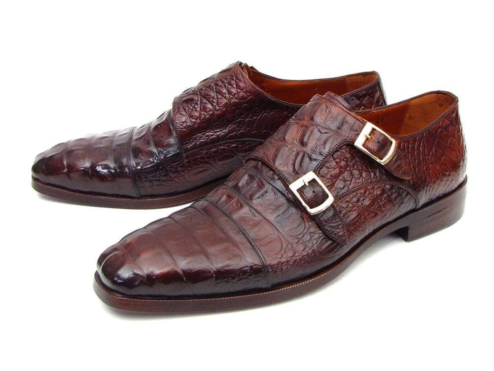 PAUL PARKMAN Paul Parkman Men's Double Monkstraps Brown & Bordeaux Crocodile Embossed Calfskin (ID#045FG12)