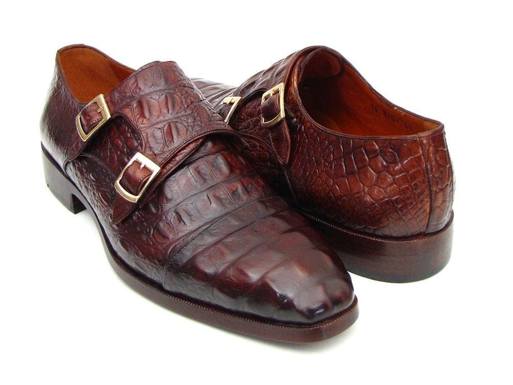 PAUL PARKMAN Paul Parkman Men's Double Monkstraps Brown & Bordeaux Crocodile Embossed Calfskin (ID#045FG12)