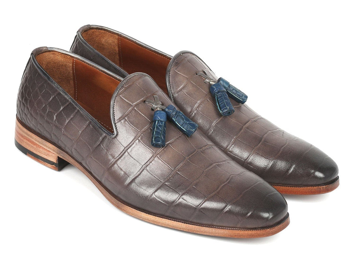 PAUL PARKMAN Paul Parkman Men's Gray Crocodile Embossed Calfskin Tassel Loafer (ID#745GRY96)