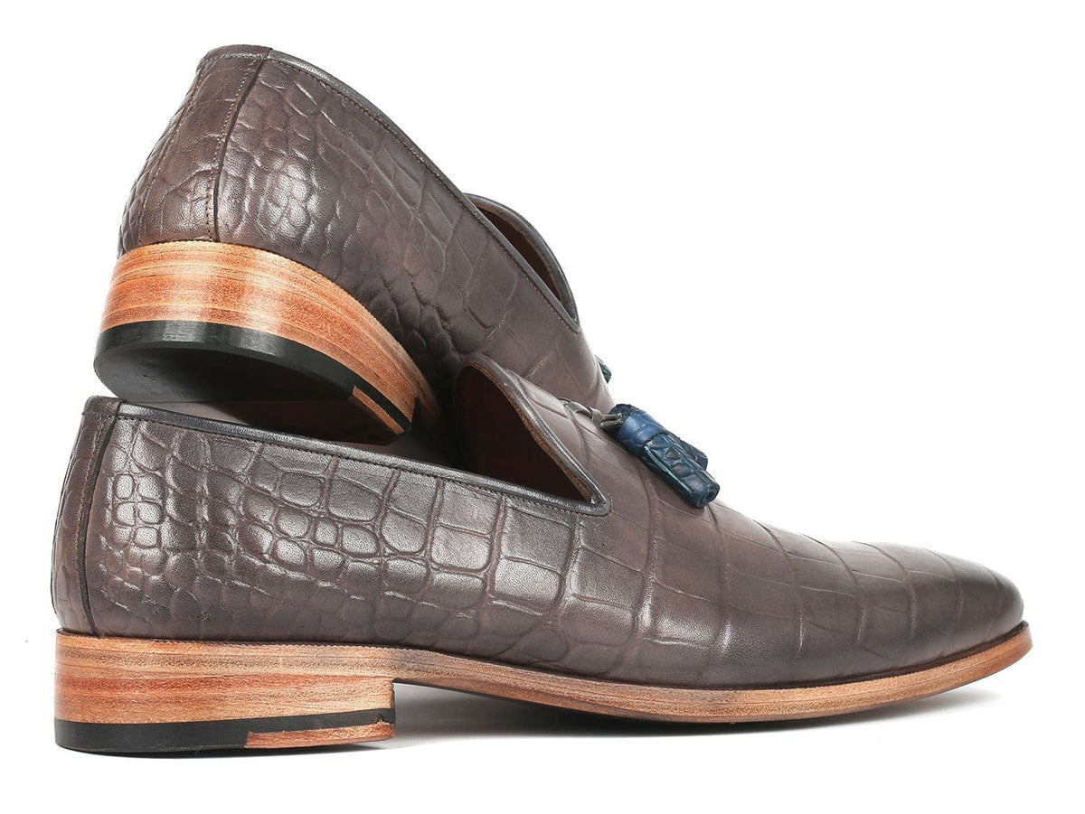 PAUL PARKMAN Paul Parkman Men's Gray Crocodile Embossed Calfskin Tassel Loafer (ID#745GRY96)