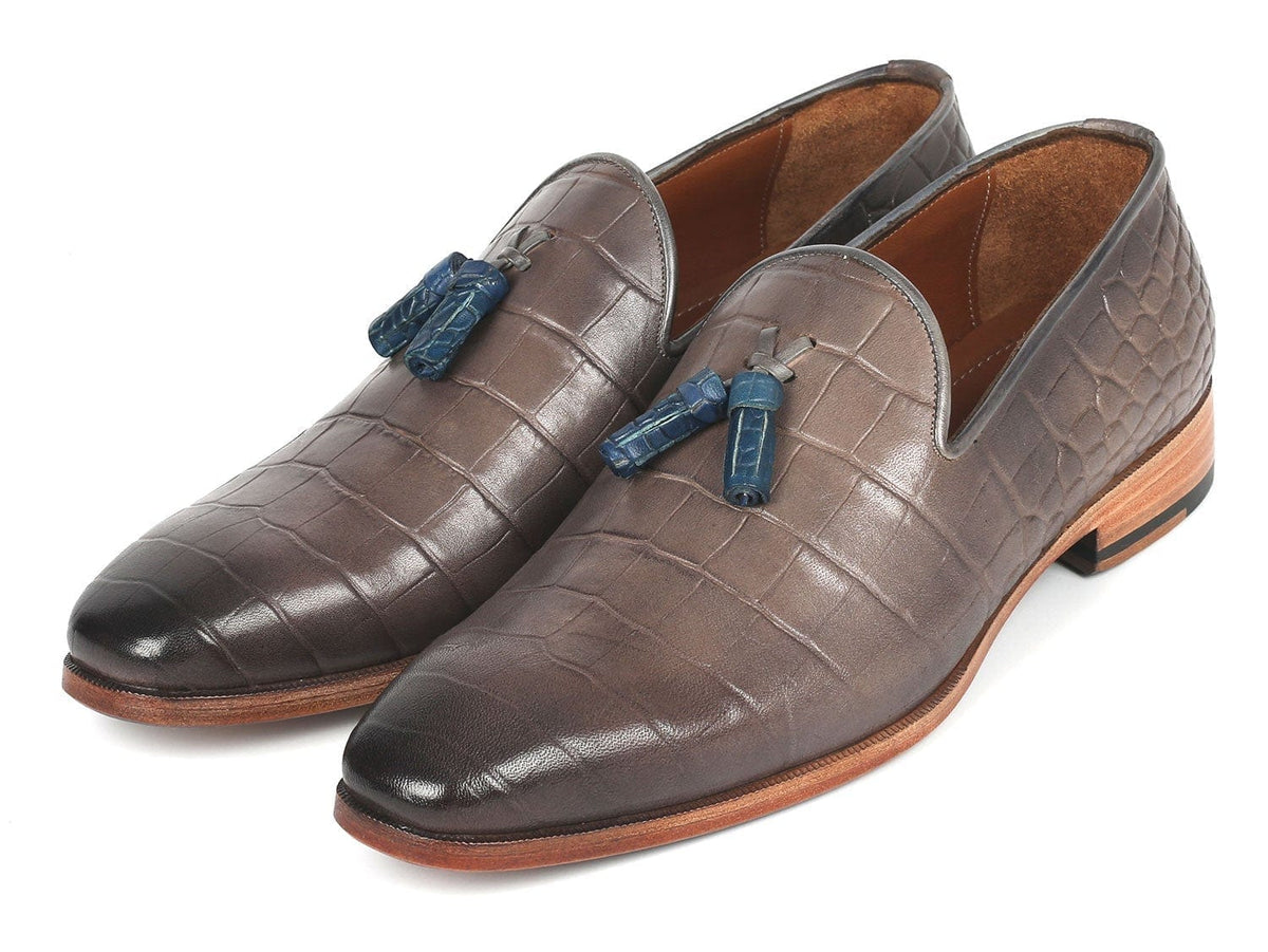 PAUL PARKMAN Paul Parkman Men's Gray Crocodile Embossed Calfskin Tassel Loafer (ID#745GRY96)