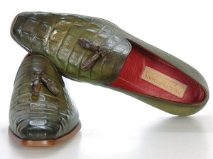 PAUL PARKMAN Paul Parkman Men's Green Crocodile Embossed Calfskin Tassel Loafer (ID#PP2281-GREEN)