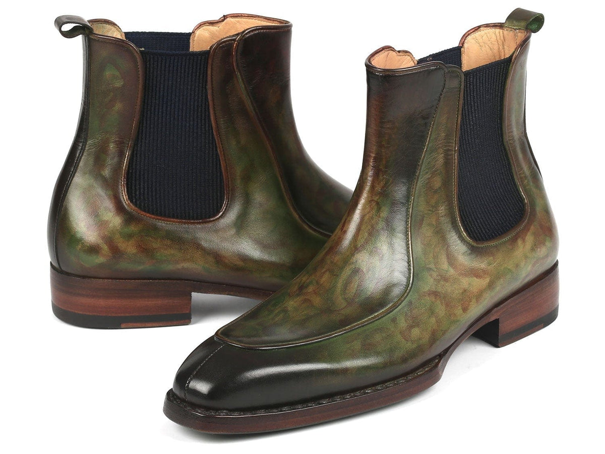 PAUL PARKMAN Paul Parkman Men's Green Handpainted Chelsea Boots Goodyear Welted (ID#BT822GRN)