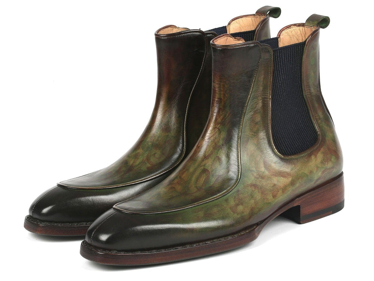 PAUL PARKMAN Paul Parkman Men's Green Handpainted Chelsea Boots Goodyear Welted (ID#BT822GRN)