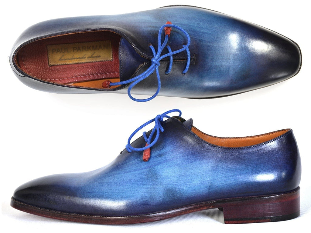 PAUL PARKMAN Paul Parkman Men's Plain Toe Wholecut Oxfords Blue Hand-Painted (ID#755-BLU)