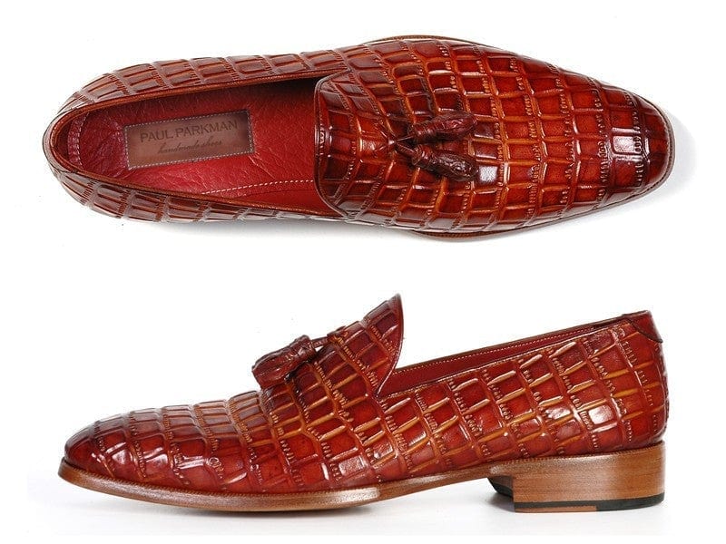 PAUL PARKMAN Paul Parkman Men's Reddish Camel Crocodile Embossed Calfskin Tassel Loafer (ID#0823-RDSH)