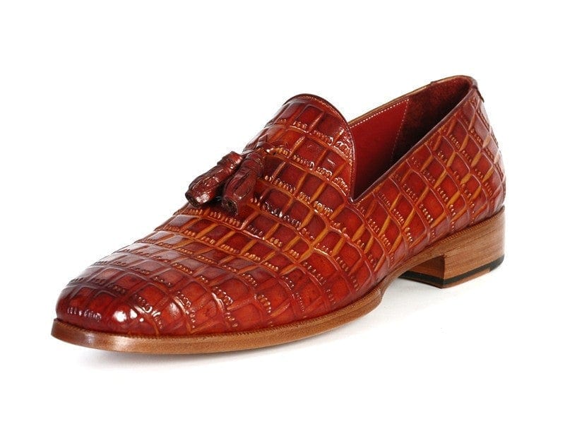 PAUL PARKMAN Paul Parkman Men's Reddish Camel Crocodile Embossed Calfskin Tassel Loafer (ID#0823-RDSH)