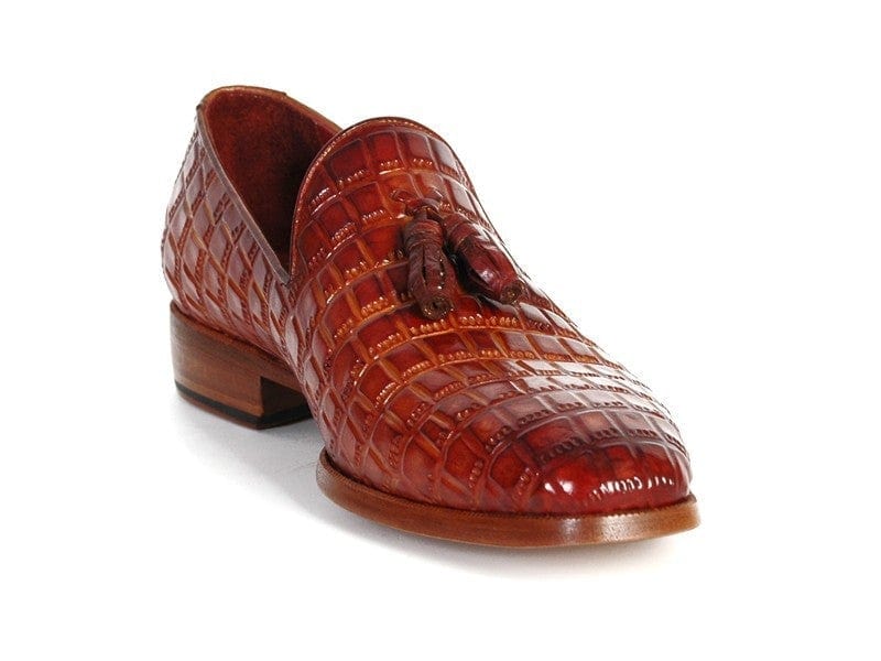 PAUL PARKMAN Paul Parkman Men's Reddish Camel Crocodile Embossed Calfskin Tassel Loafer (ID#0823-RDSH)
