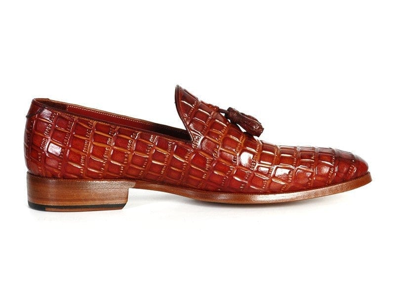 PAUL PARKMAN Paul Parkman Men's Reddish Camel Crocodile Embossed Calfskin Tassel Loafer (ID#0823-RDSH)