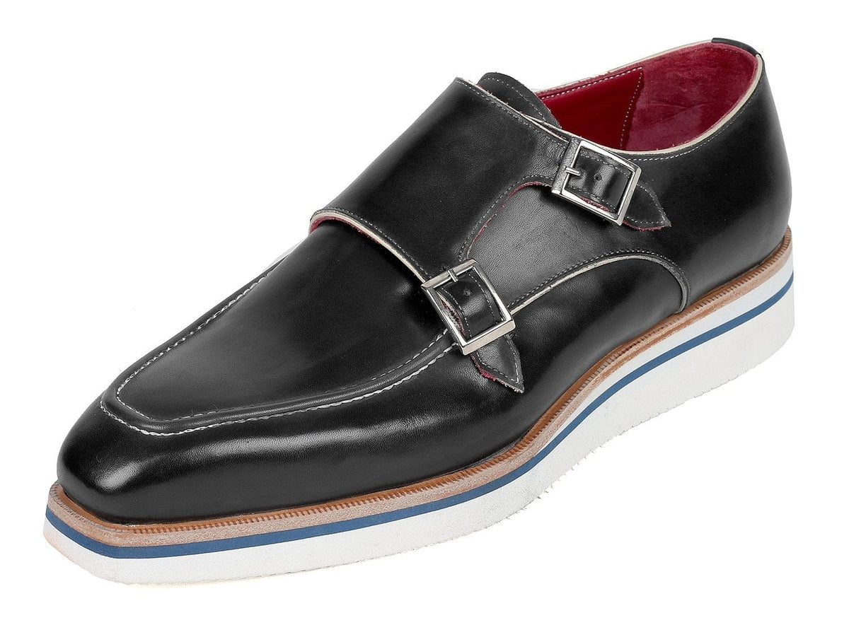 PAUL PARKMAN Paul Parkman Men's Smart Casual Monkstrap Shoes Black Leather (ID#189-BLK-LTH)