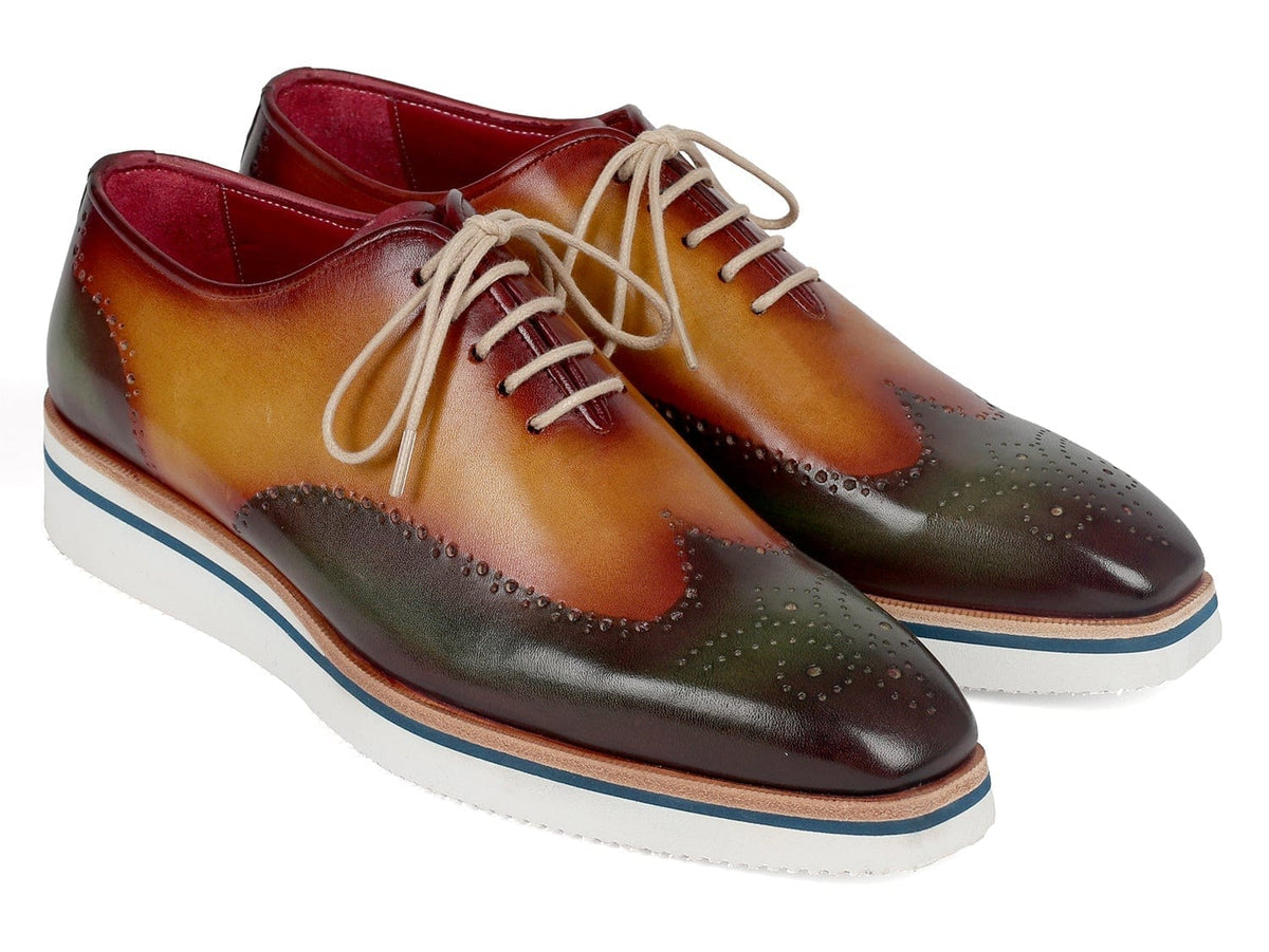 PAUL PARKMAN Paul Parkman Men's Smart Casual Wingtip Oxfords Green & Camel (ID#188-GRN-CML)