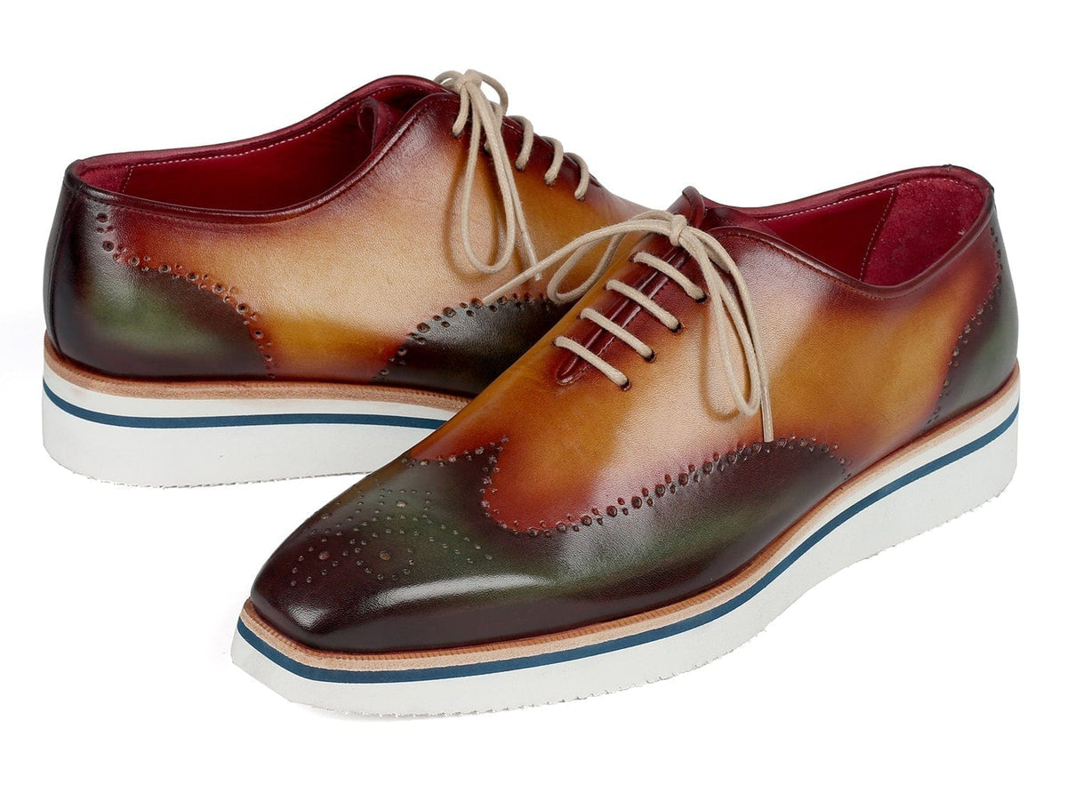 PAUL PARKMAN Paul Parkman Men's Smart Casual Wingtip Oxfords Green & Camel (ID#188-GRN-CML)