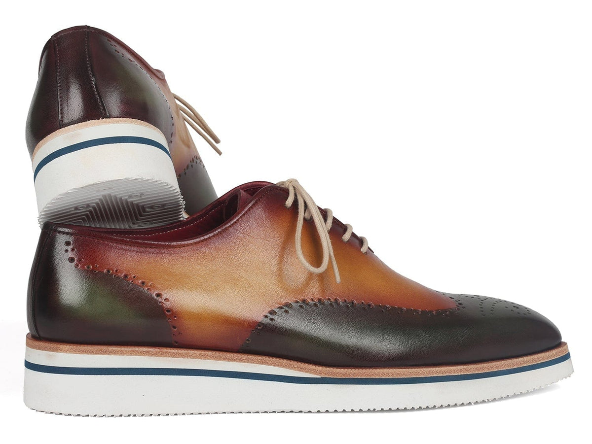 PAUL PARKMAN Paul Parkman Men's Smart Casual Wingtip Oxfords Green & Camel (ID#188-GRN-CML)