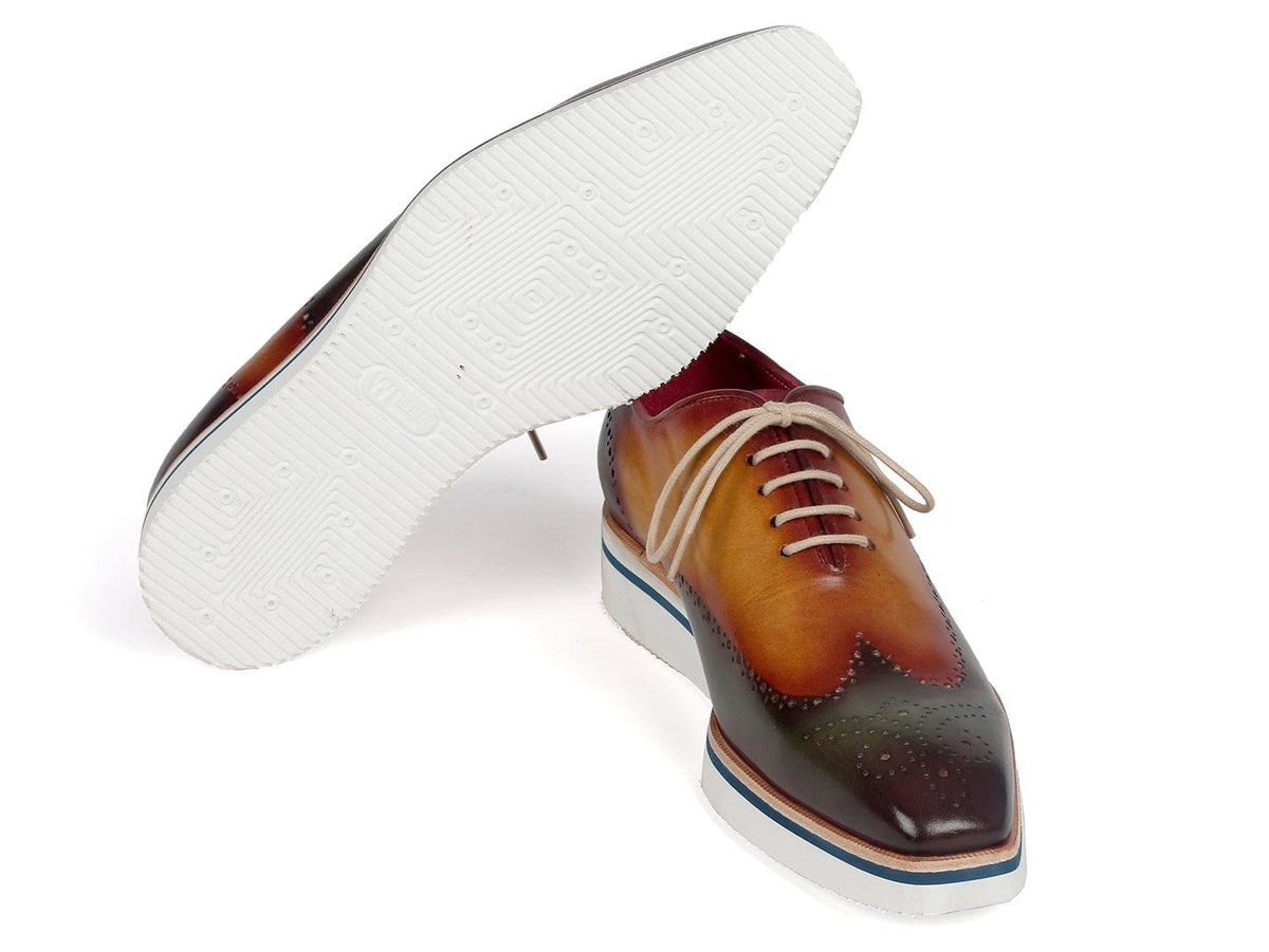 PAUL PARKMAN Paul Parkman Men's Smart Casual Wingtip Oxfords Green & Camel (ID#188-GRN-CML)