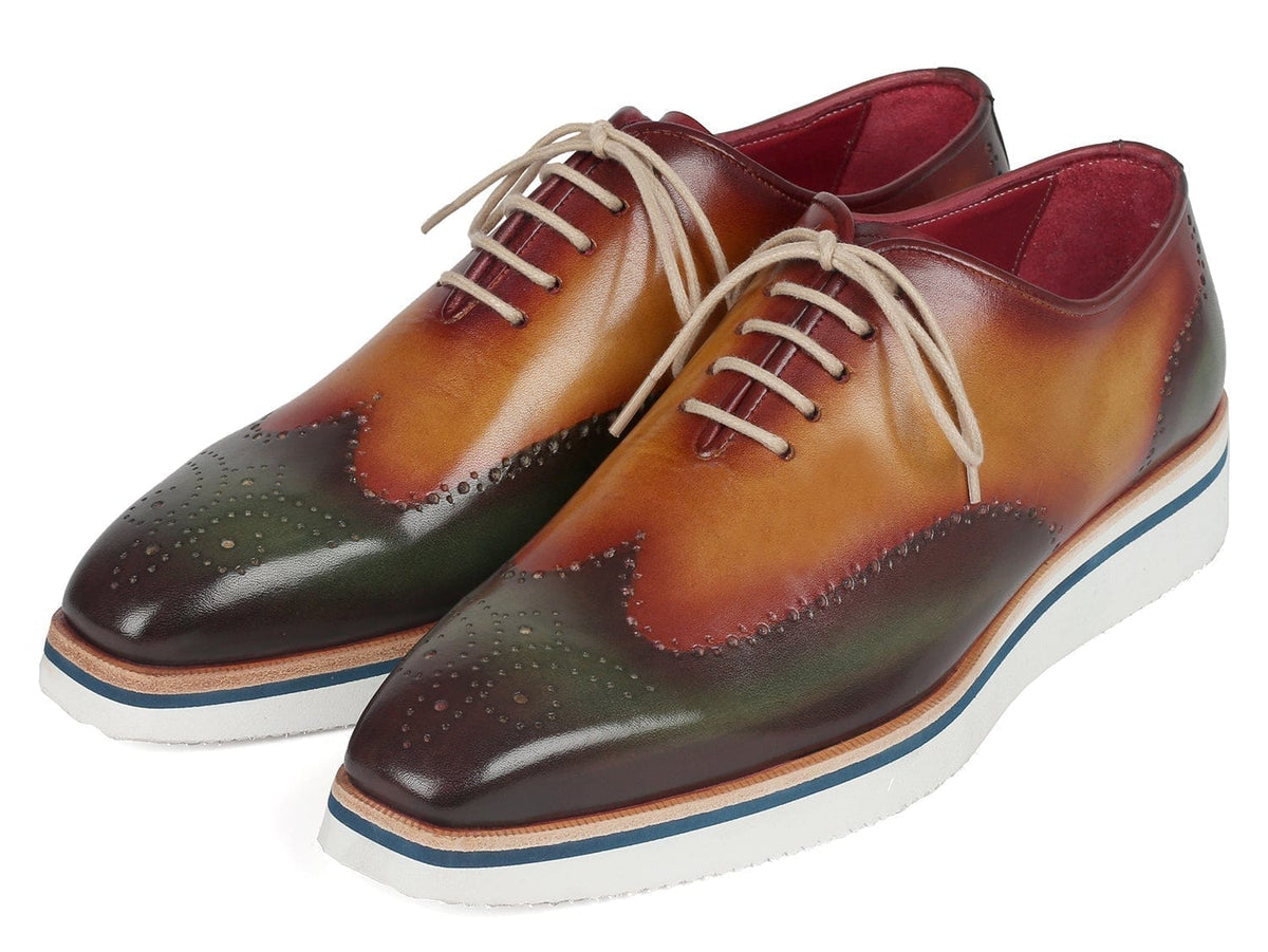 PAUL PARKMAN Paul Parkman Men's Smart Casual Wingtip Oxfords Green & Camel (ID#188-GRN-CML)