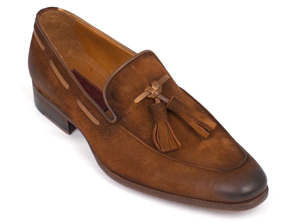 PAUL PARKMAN Paul Parkman Men's Tassel Loafer Brown Antique Suede Shoes (ID#TAB32FG)