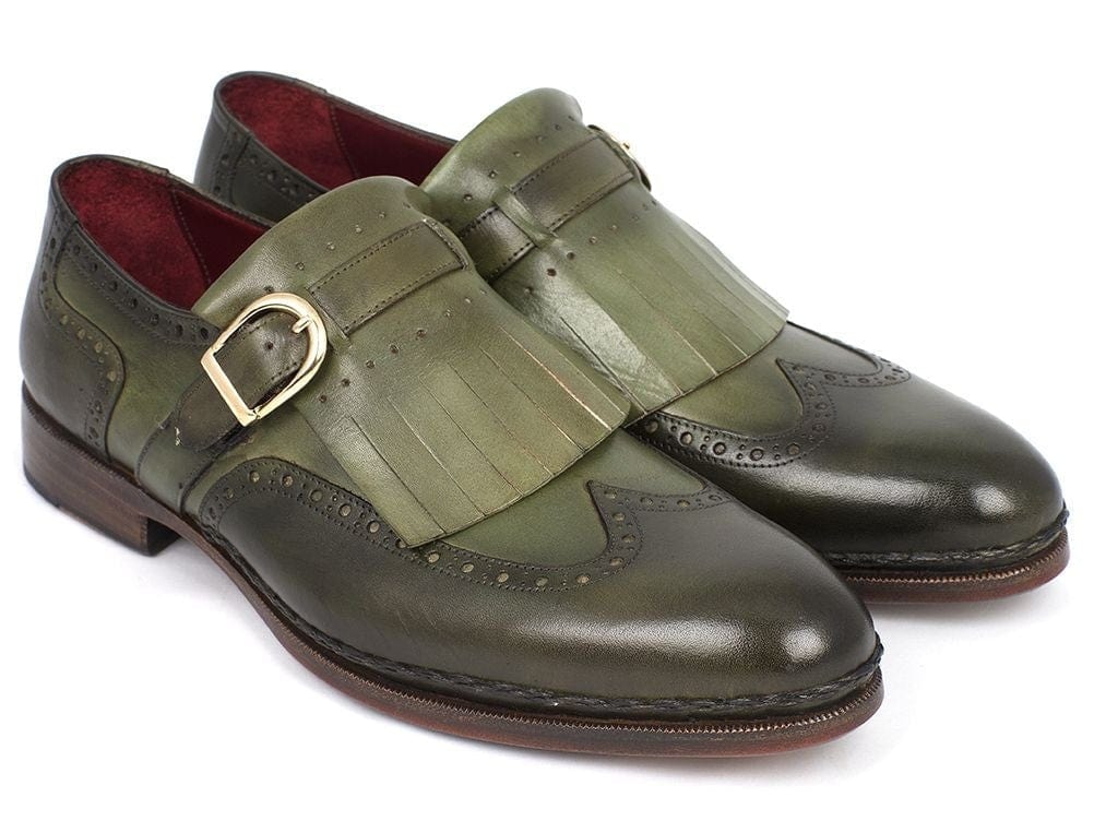 PAUL PARKMAN Paul Parkman Men's Wingtip Monkstrap Brogues Green Hand-Painted Leather Upper With Double Leather Sole (ID#060-GREEN)