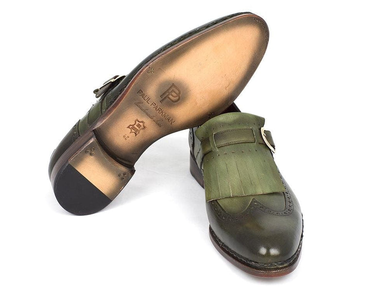 PAUL PARKMAN Paul Parkman Men's Wingtip Monkstrap Brogues Green Hand-Painted Leather Upper With Double Leather Sole (ID#060-GREEN)