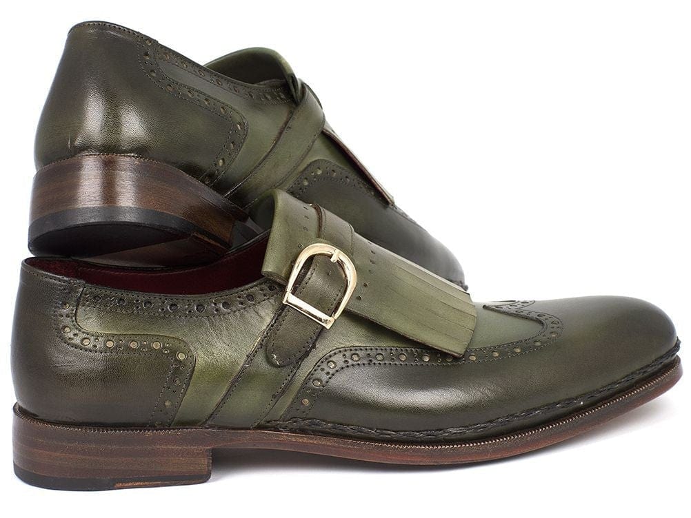 PAUL PARKMAN Paul Parkman Men's Wingtip Monkstrap Brogues Green Hand-Painted Leather Upper With Double Leather Sole (ID#060-GREEN)