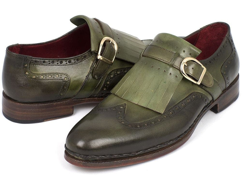 PAUL PARKMAN Paul Parkman Men's Wingtip Monkstrap Brogues Green Hand-Painted Leather Upper With Double Leather Sole (ID#060-GREEN)