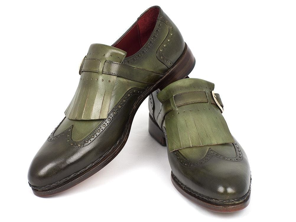 PAUL PARKMAN Paul Parkman Men's Wingtip Monkstrap Brogues Green Hand-Painted Leather Upper With Double Leather Sole (ID#060-GREEN)