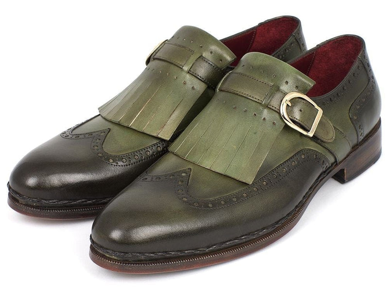 PAUL PARKMAN Paul Parkman Men's Wingtip Monkstrap Brogues Green Hand-Painted Leather Upper With Double Leather Sole (ID#060-GREEN)