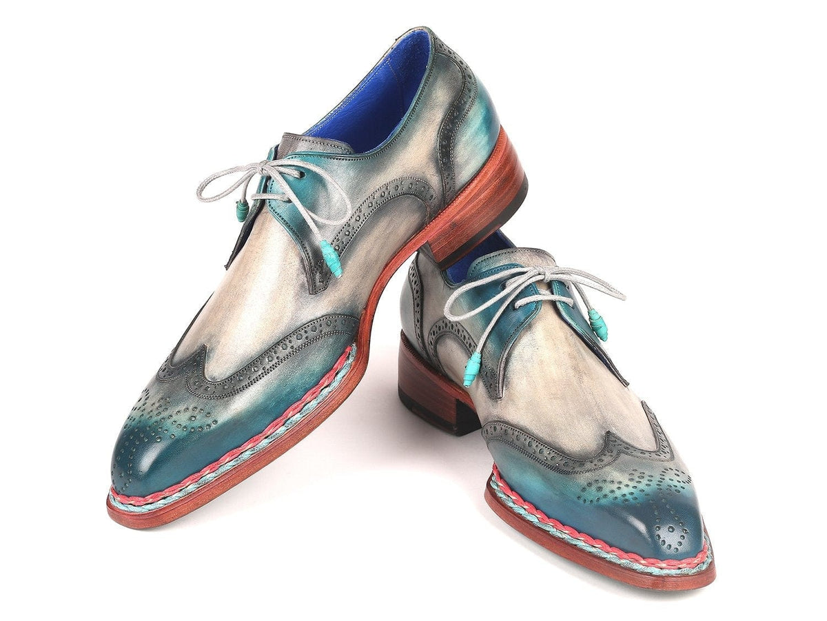 PAUL PARKMAN Paul Parkman Norwegian Welted Wingtip Derby Shoes Blue & Grey (ID#8506-BLU)