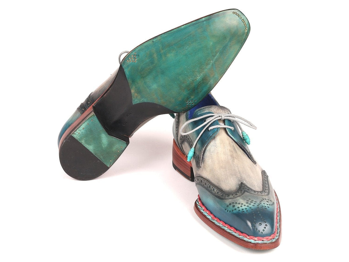 PAUL PARKMAN Paul Parkman Norwegian Welted Wingtip Derby Shoes Blue & Grey (ID#8506-BLU)