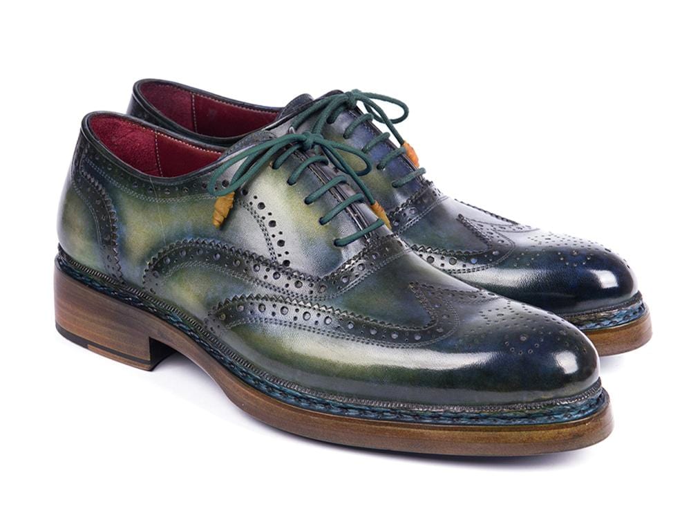 PAUL PARKMAN Paul Parkman Triple Leather Sole Wingtip Brogues Green & Blue (ID#0225TRP-GRN)