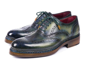 PAUL PARKMAN Paul Parkman Triple Leather Sole Wingtip Brogues Green & Blue (ID#0225TRP-GRN)