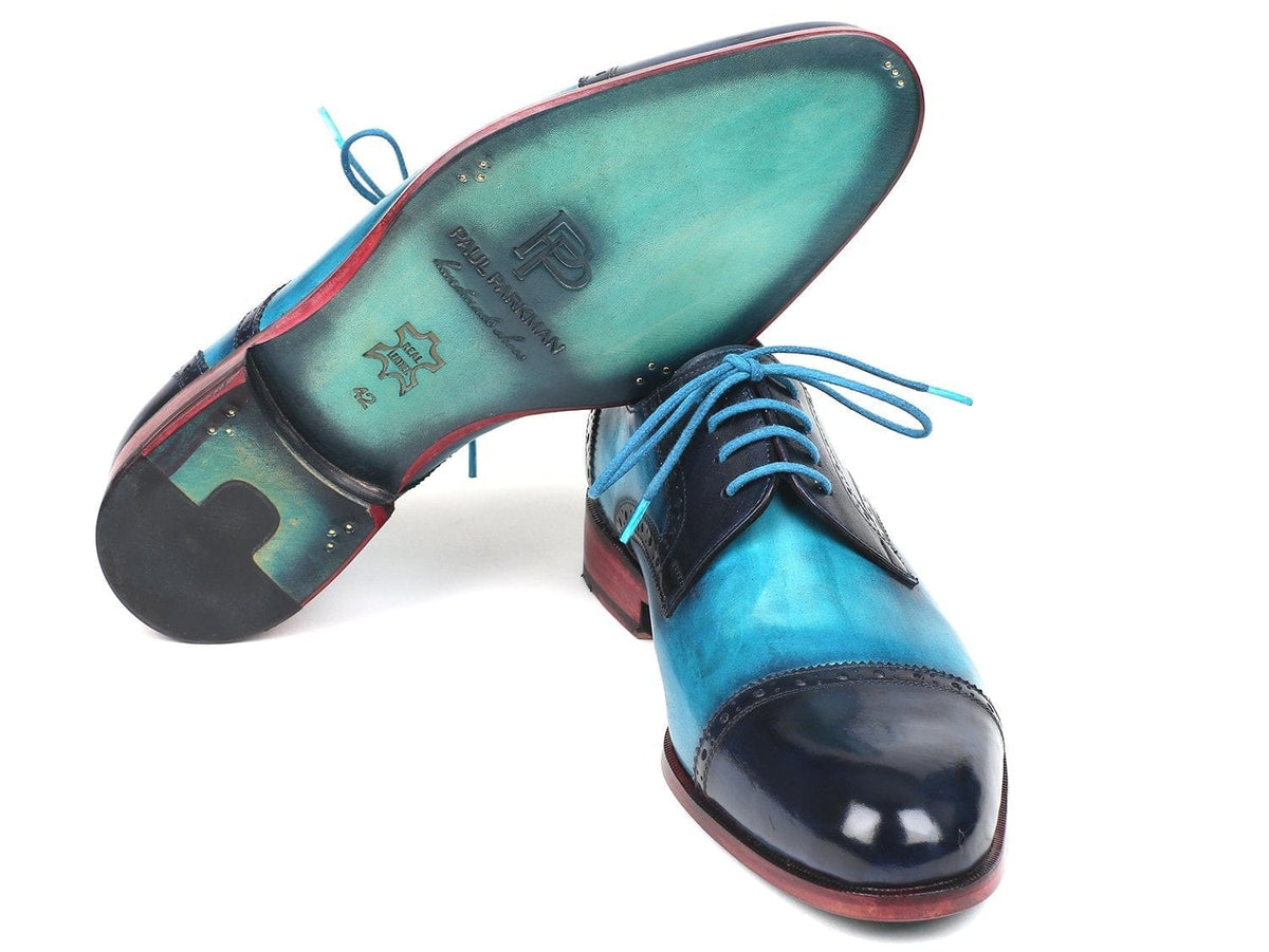 PAUL PARKMAN Paul Parkman Two Tone Cap-Toe Derby Shoes Blue & Turquoise (ID#046-TRQ)