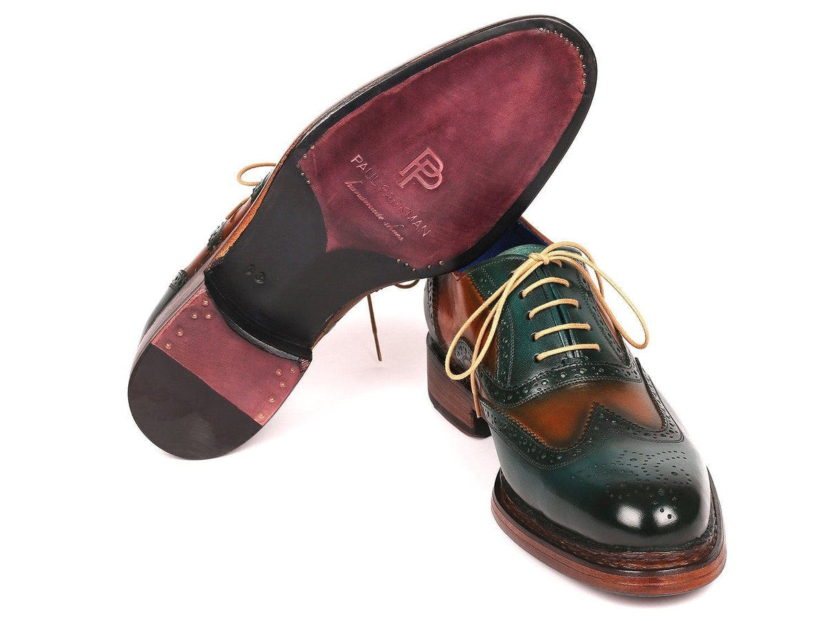 PAUL PARKMAN Paul Parkman Wingtip Oxfords Goodyear Welted Green & Tobacco (ID#027-GRN-TAB)