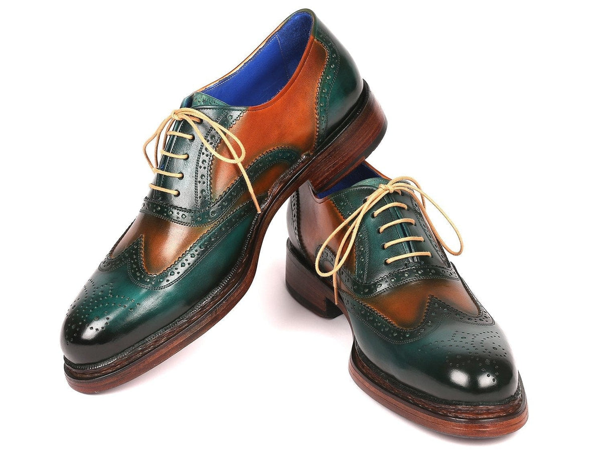 PAUL PARKMAN Paul Parkman Wingtip Oxfords Goodyear Welted Green & Tobacco (ID#027-GRN-TAB)