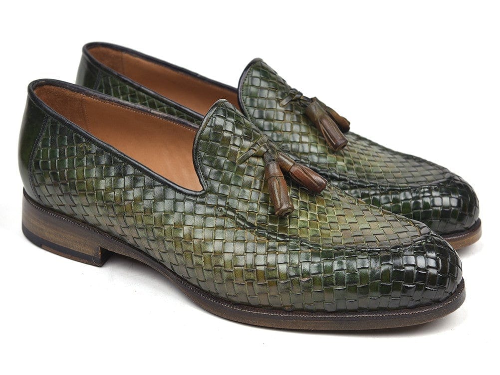 PAUL PARKMAN Paul Parkman Woven Leather Tassel Loafers Green  (ID#WVN44-GRN)