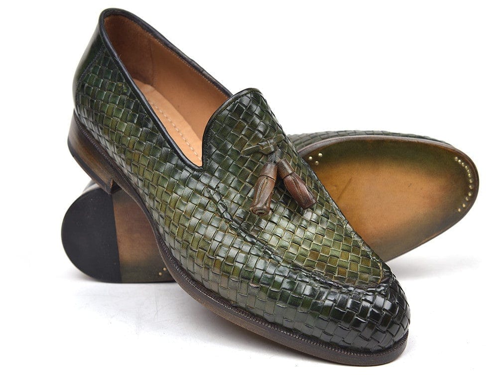 PAUL PARKMAN Paul Parkman Woven Leather Tassel Loafers Green  (ID#WVN44-GRN)