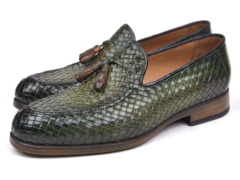PAUL PARKMAN Paul Parkman Woven Leather Tassel Loafers Green  (ID#WVN44-GRN)