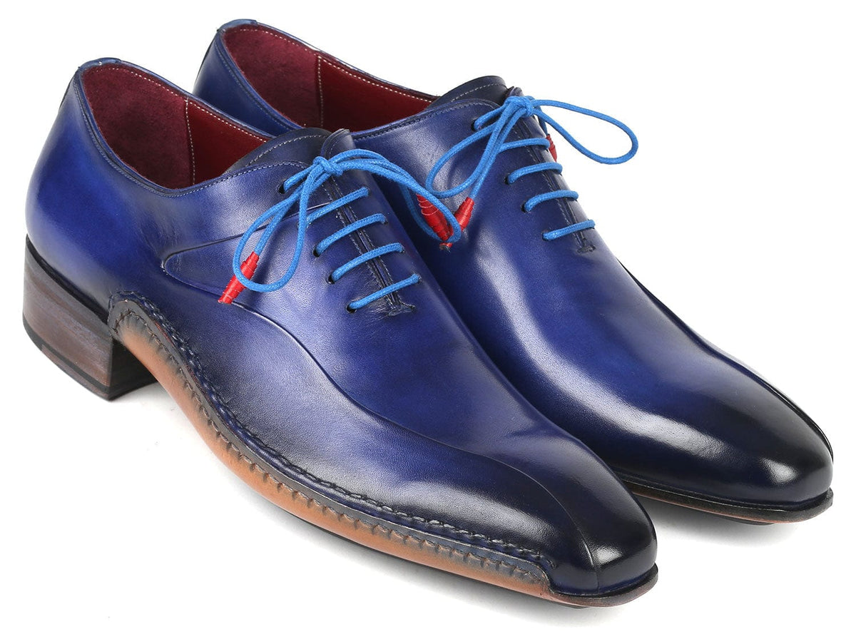 PAUL PARKMAN Shoes Paul Parkman Blue Leather Oxford Shoes Side Hand-Sewn (ID#018-BLU)