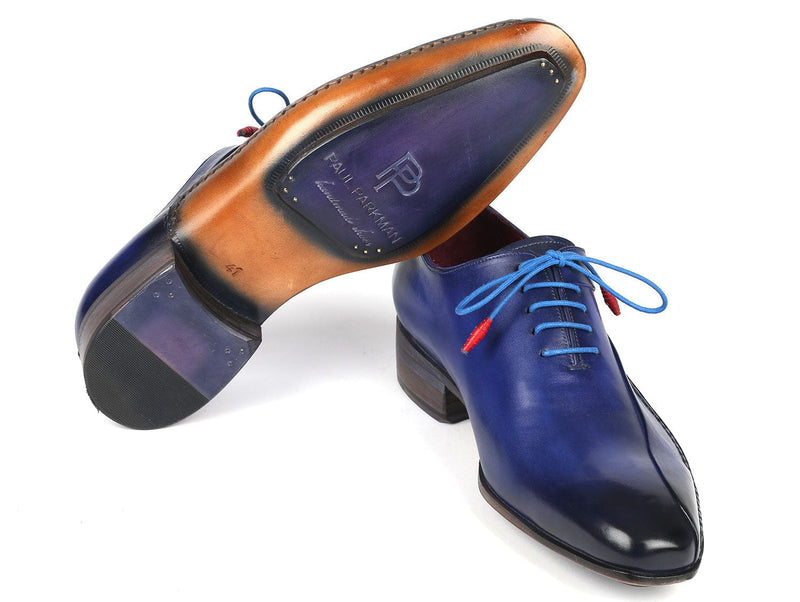 PAUL PARKMAN Shoes Paul Parkman Blue Leather Oxford Shoes Side Hand-Sewn (ID#018-BLU)