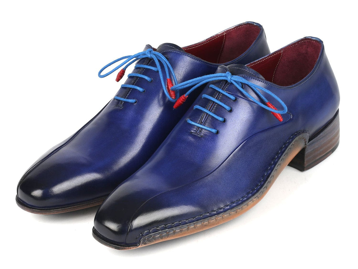 PAUL PARKMAN Shoes Paul Parkman Blue Leather Oxford Shoes Side Hand-Sewn (ID#018-BLU)