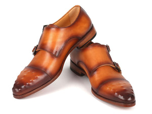 PAUL PARKMAN Shoes Paul Parkman Men's Studded Cap Toe Monkstraps Light Brown (ID#047-CML)