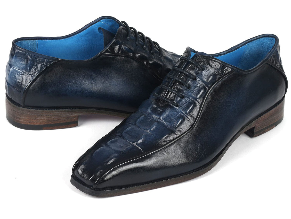 PAUL PARKMAN Shoes Paul Parkman Navy Croco Textured Leather Bicycle Toe Oxfords (ID#94-214)