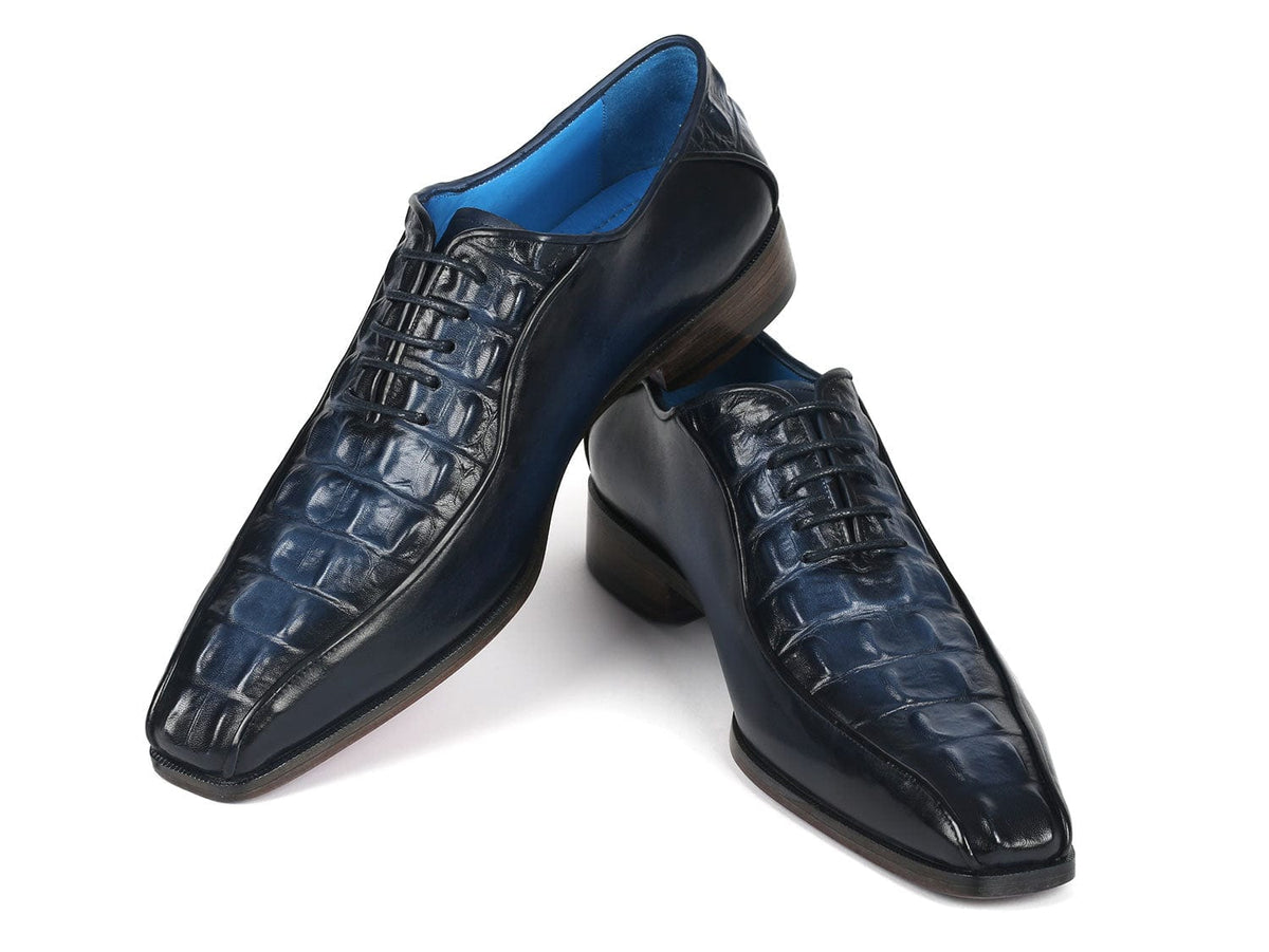 PAUL PARKMAN Shoes Paul Parkman Navy Croco Textured Leather Bicycle Toe Oxfords (ID#94-214)
